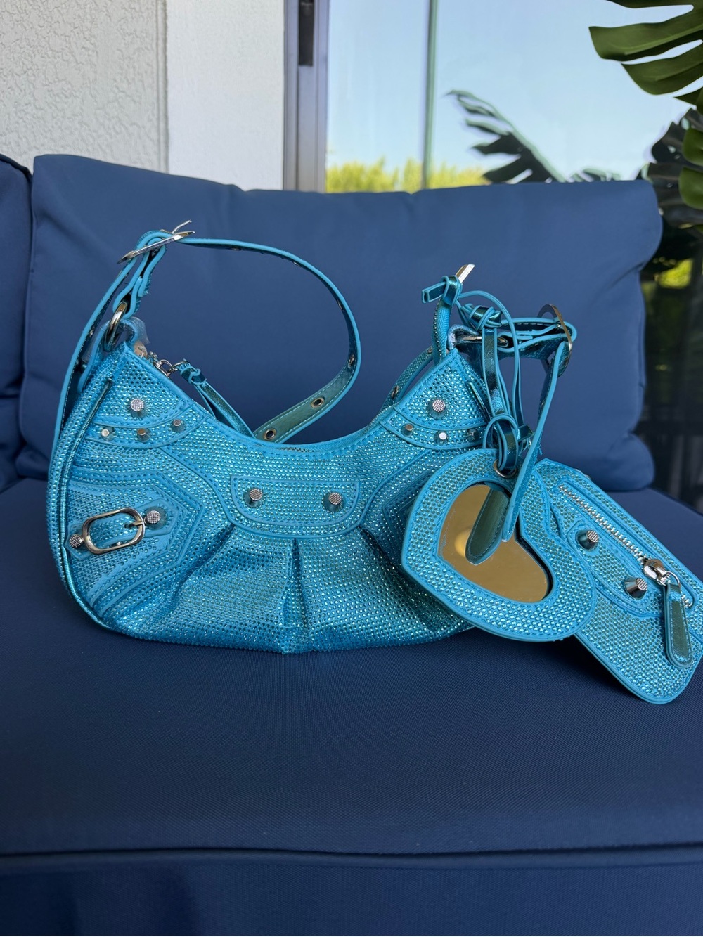 Turquoise Shoulder Bag with Heart Mirror and Pouch